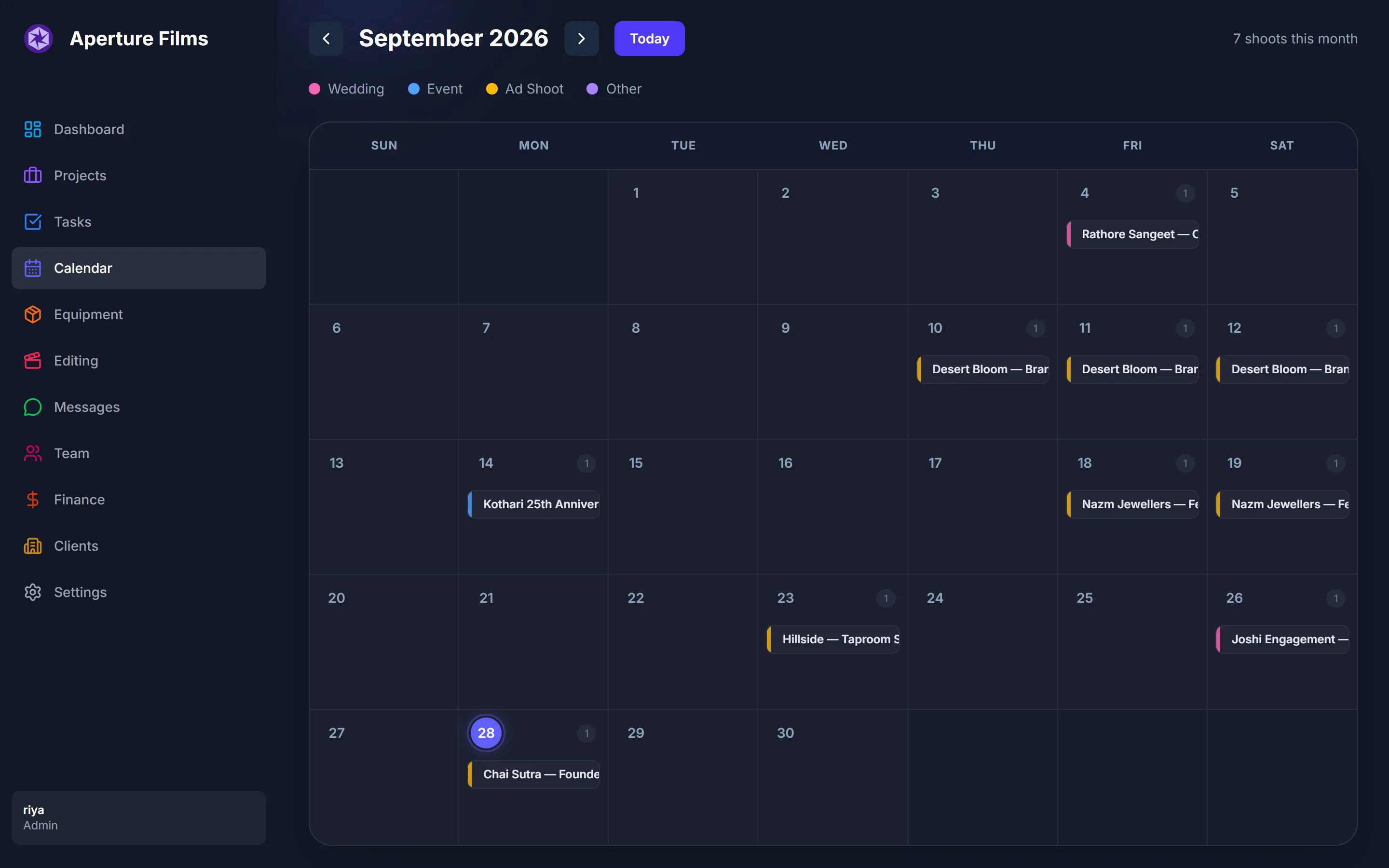 DODO shoot calendar for September showing colour-coded wedding, event and ad shoots