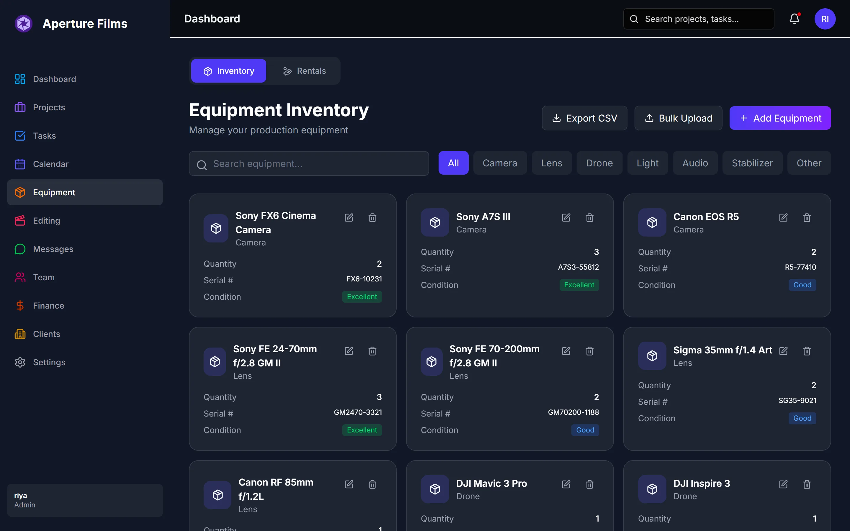 DODO equipment inventory listing cinema cameras, lenses and drones with quantity, serial number and condition