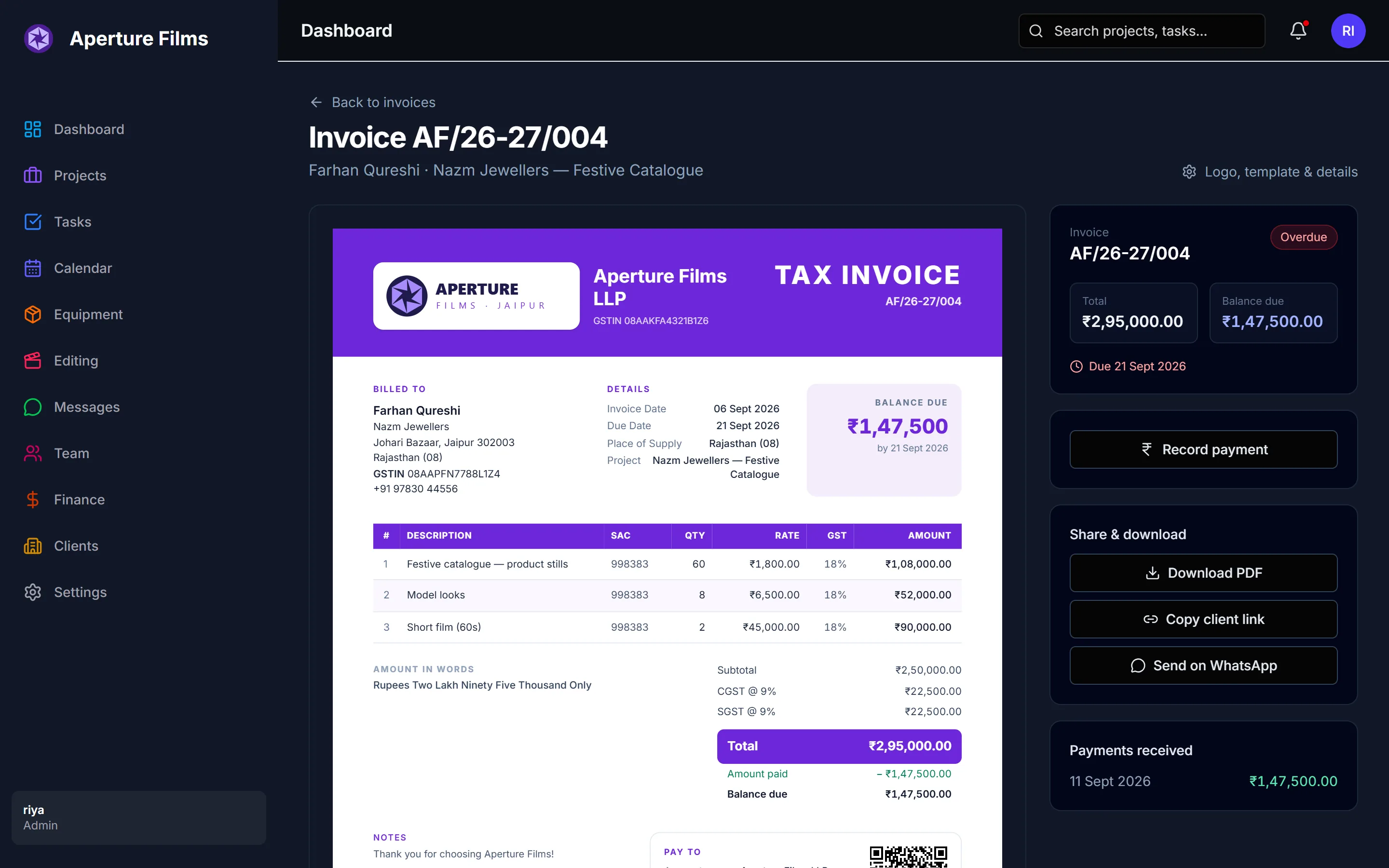 A branded GST tax invoice in DODO with line items, CGST and SGST, balance due and buttons to record payment or send on WhatsApp