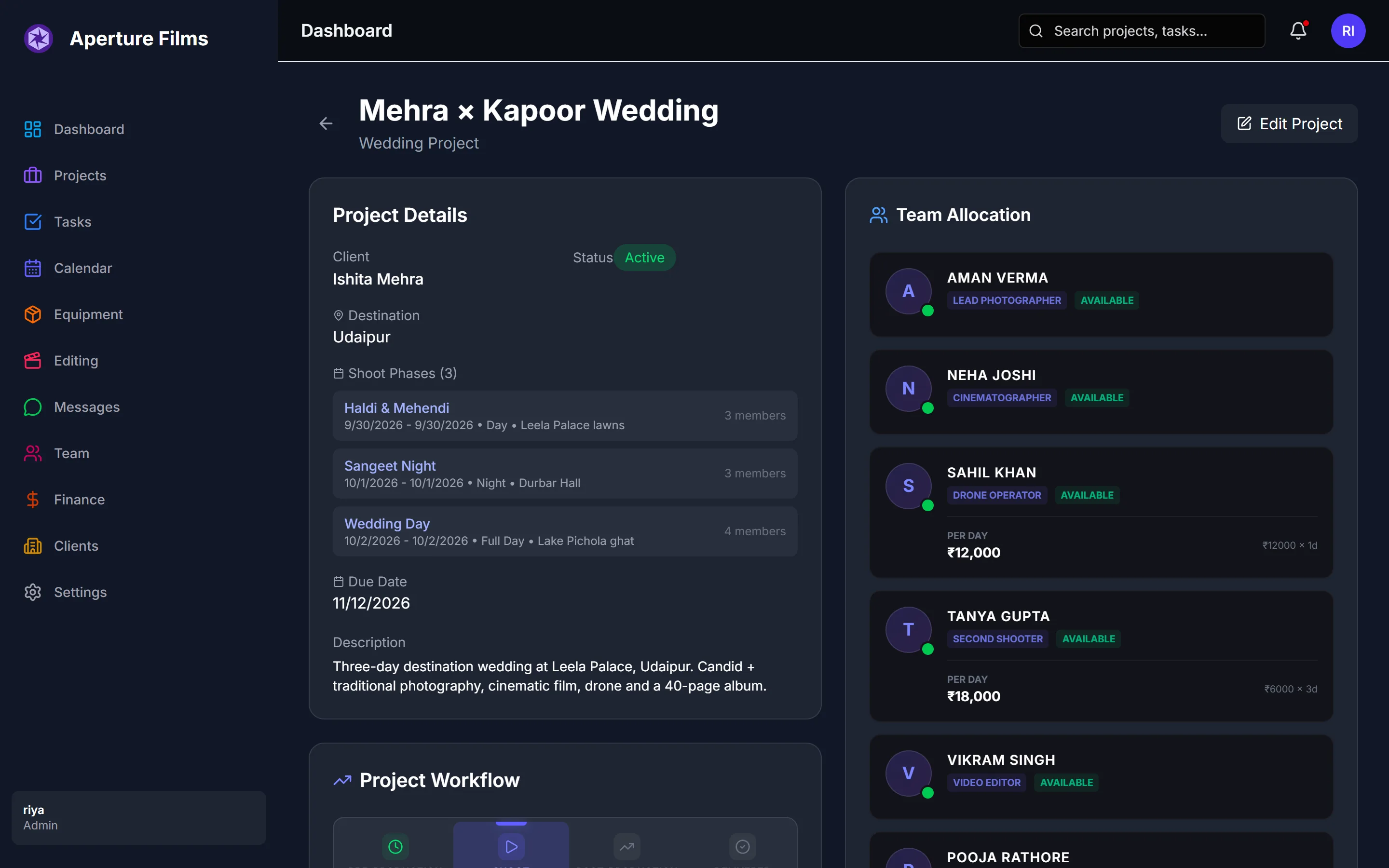 A wedding project in DODO showing three shoot phases, the client, due date and the assigned team with per-day rates